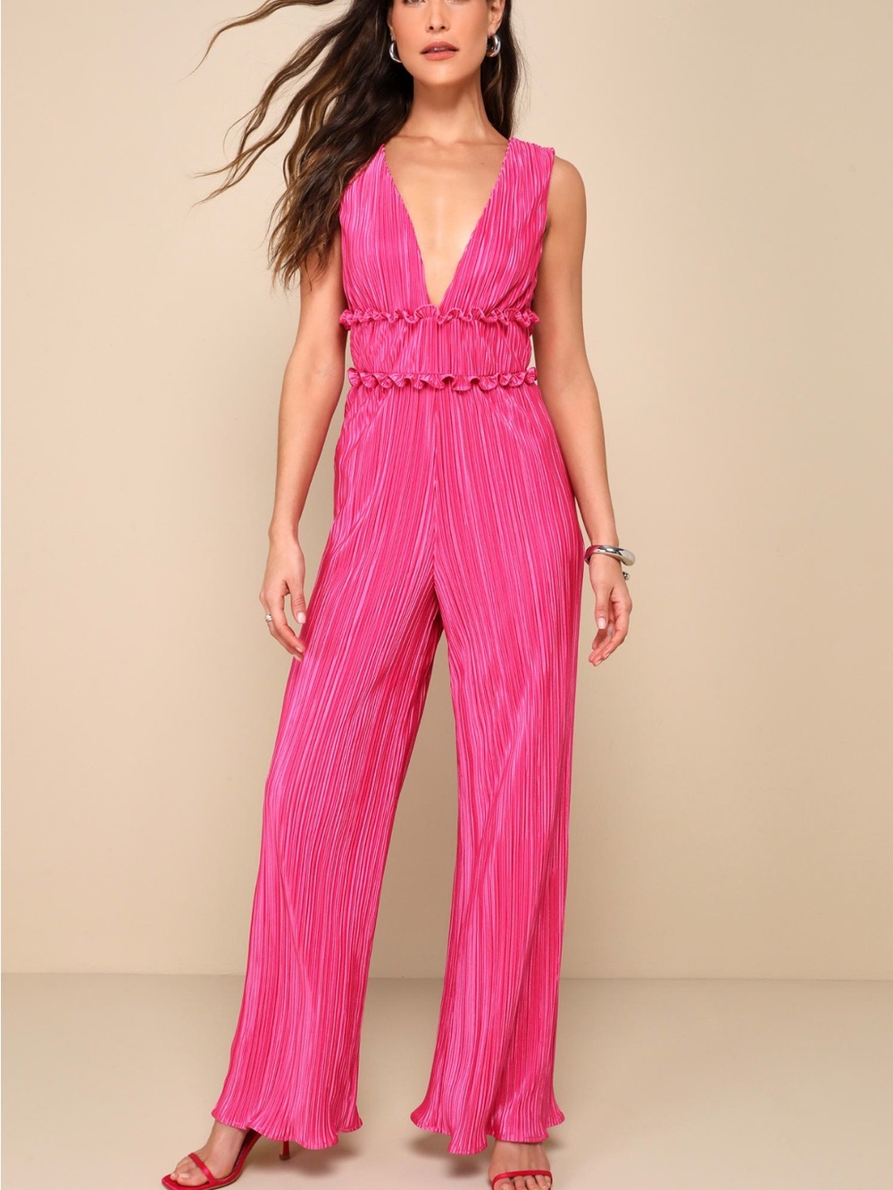 Brand New Lulus Aura Hot Pink Satin Plisse V-Neck Jumpsuit Size Small